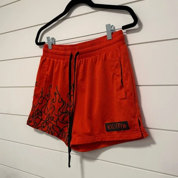 Kill Crew Red Athletic Mesh Shorts with Black Flame Print - Picture 2 of 7